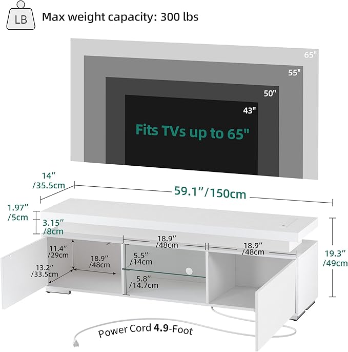 YITAHOME White TV Stands for Living Room, TV Stand for 65 inch TV, Entertainment Center with Storage,Modern TV Stand with Power Outlets & LED Light, TV Console Cabinet, White