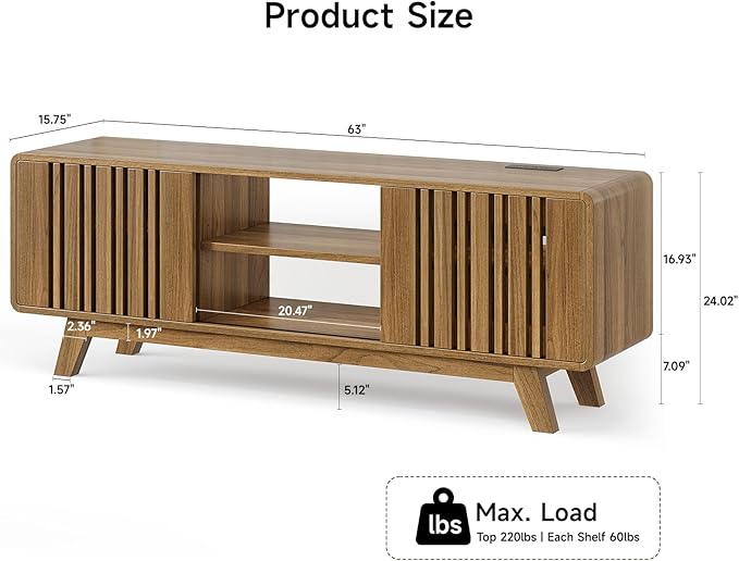 63-Inch TV Stand for TVs up to 75 Inch, Mid-Century Modern Television Stand with Power Outlet， Entertainment Center with Sliding Grille Door Cabinets and Open Shelves for Living Room, Oak