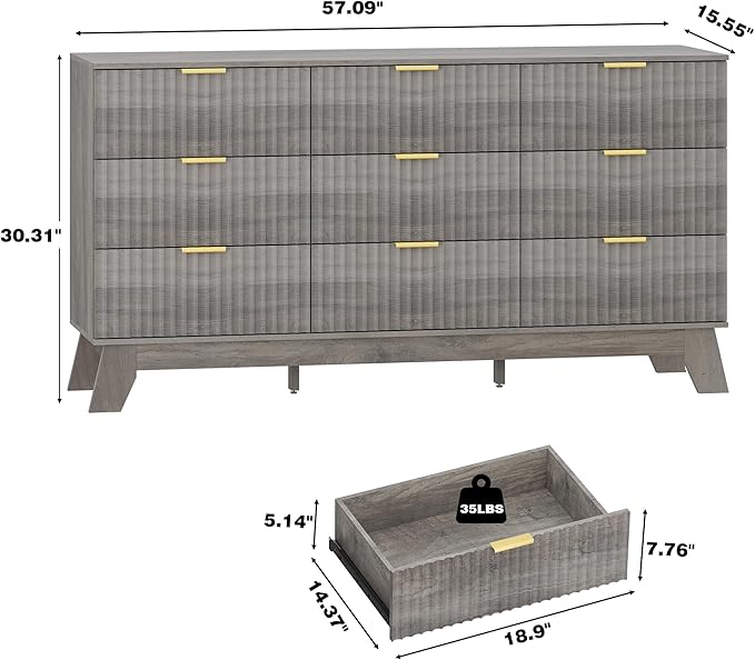 Fluted Dresser for Bedroom with 9 Drawers, 57" Mid Century Modern Dresser of Closet TV Stand, Nature Wood Dressers with Gold Handle, Boho Closet Wide Modern Chest of Drawers, Grey