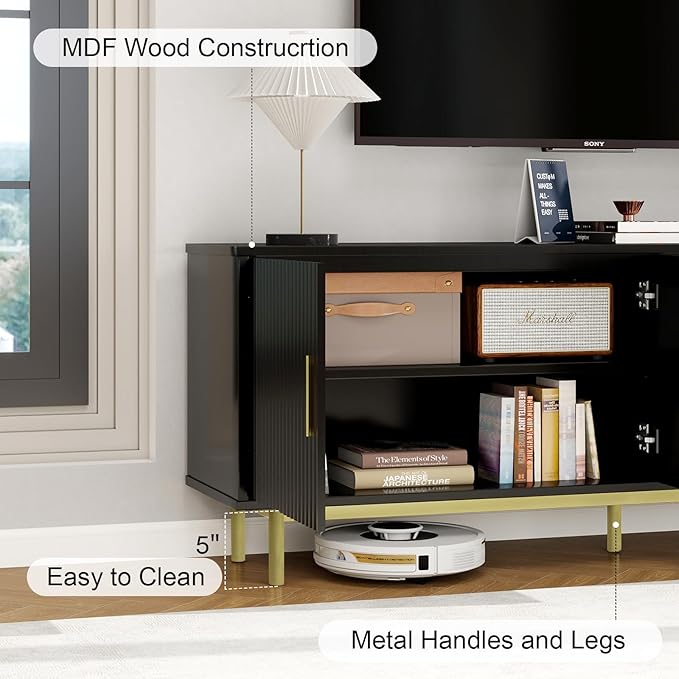 MUUEGM Modern TV Stand for Televisions up to 80 Inch, Entertainment Center with Storage, Cabinet with Fluted Door and Adjustable Shelf, Console Table and Media Furniture for Living Room, Black