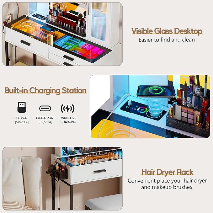 Vanity Desk with Mirror and RGB Lights，Glass top Makeup Vanity Table Set with Stool & Charging Station, Dressing Table with RGB Cabinet,6 Drawers,Lipstick Grid for Bedroom,White