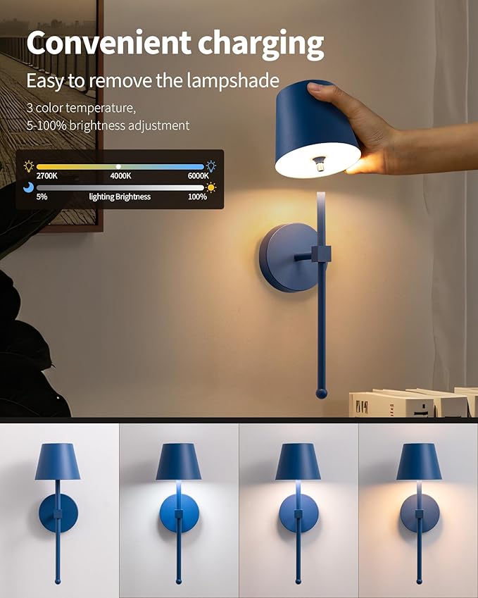KDG Cordless Wall Sconces Set of 2, Wireless 5200mAh Rechargeable Battery LED Wall Lamps, Wall Lightings for Wall Painting, Outdoor, Garden, Living Room, Bedside, Hallway, Gifts, Night Light (Blue)