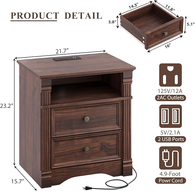 Walnut Nightstand with Charging Station, Farmhouse Bedside Table, End Table with 2 Drawers and Chic Wood Pilasters Design, Wood Side Table with Metal Handles for Bedroom, Living Room