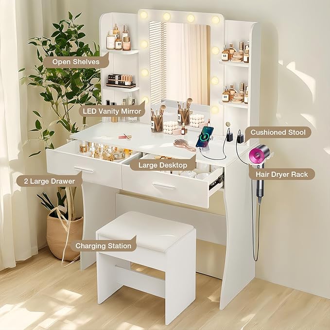 Vanity Desk with Mirror and Lights, Makeup Vanity Table and Chair Set with Power Strip, 3 Color Modes Adjustable Brightness Dressing Table, White Vanity for Bedroom