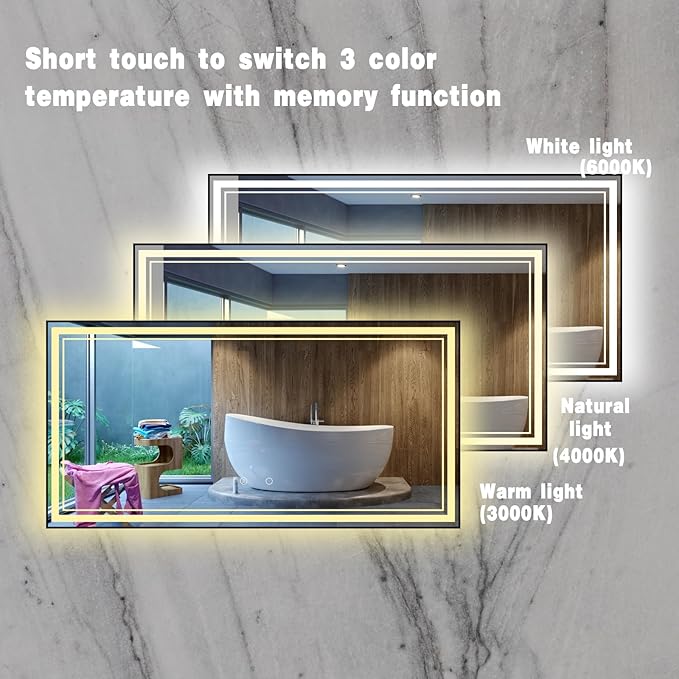 72" x 36" LED Bathroom Mirror with Lights Framed LED Mirror for Bathroom Backlit and Front Lighted Bathroom Mirror Black Square Aluminum Frame Anti-Fog Dimmable Adjustable Shatter-Proof