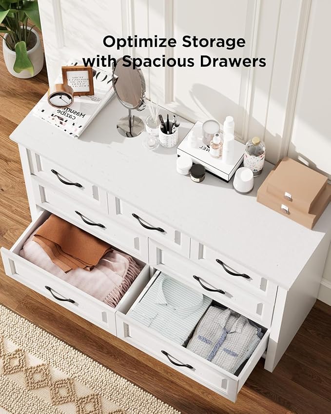 Pipishell White 7 Drawers Dresser for Bedroom, 47" Wide Wood Rustic Chest of Drawers with Bar Handles, Farmhouse Storage Dressers Organizer for Bedroom, Living Room, Hallway, White