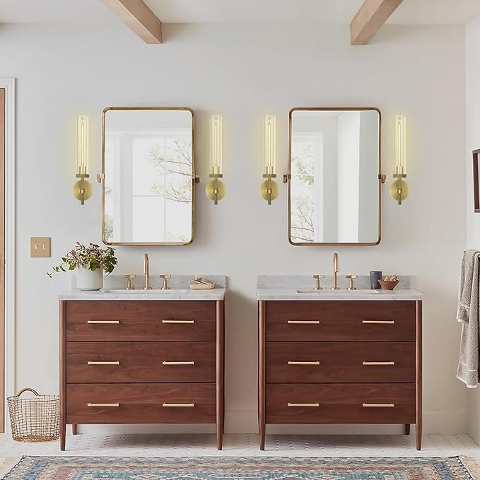 Brass Knurled Wall Sconce 20", Bathroom Wall Sconce Set of Two,Glass Tube Brass Sconces Wall Lighting,Bathroom Sconces Side of Mirror,Vanity Sconce Lights for Bath,Including E26 Light Bulbs