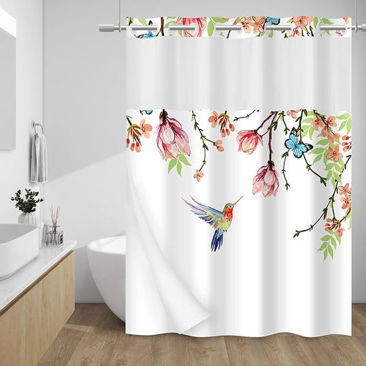 No Hook Shower Curtain with Snap in Liner - Hummingbird Shower Curtain - Fabric Waterproof Inner Liner, Plants Pink Floral Blue Nature Birds Cloth Shower Curtains Washable, 71 x 86