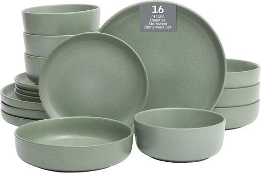 Gibson Elite Pasco 16 Piece (Service for 4) Plates and Bowls Double Bowl Reactive Glaze Dishes Stoneware Ceramic Dinnerware Set - Green