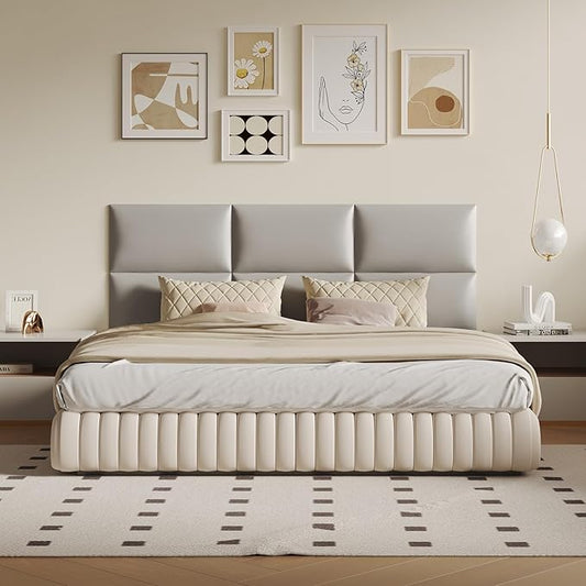 Wall-Mounted Upholstered Headboard Panels, 24x12 Inches, Light Grey Imitation Leather, Pack of 6 – DIY Soundproof Accent Wall Panels, Anti-Collision Padding, Easy to Clean, Modern Bedroom Décor