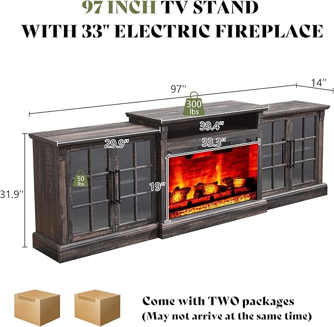 AMERLIFE 97" Farmhouse Fireplace TV Stand, Entertainment Center with Large Storage Space and Adjustable Shelf, Media Console for Living Room, Black