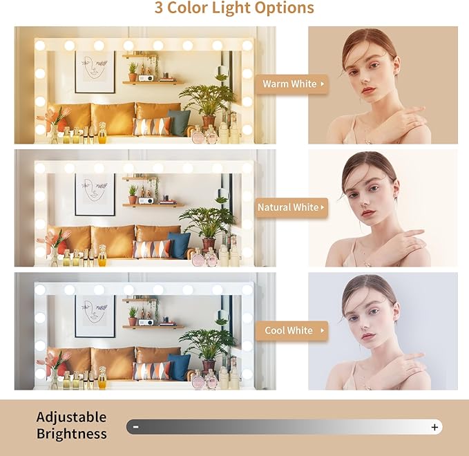 VOWNER Vanity with Lighted Mirror - Makeup Vanity Desk with Glass Top and 11 Drawers, 3 Color Lighting Modes Adjustable Brightness, 46" Vanity Table with Soft Cushioned Stool for Bedroom, White