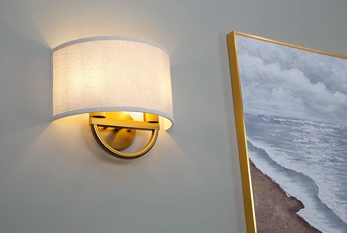 Yosoan Linen Fabric Cloth Boho Aged Brass Gold Wall Sconce Stairwell Fixture Light, 2-Light Dual Indoor Hardwired Vanity Vintage Wall Mount Lamp Antique Metal Base Semicircle Shade Lamp for Hallway