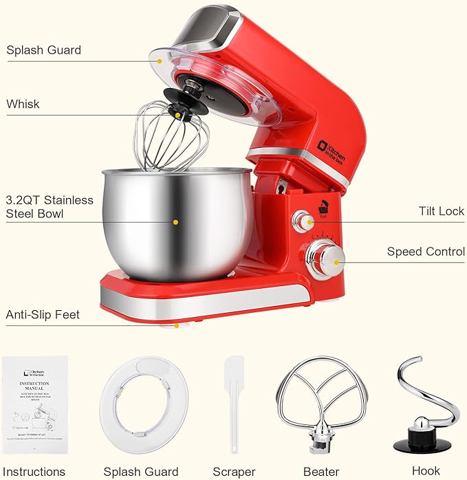 Stand Mixer, Kitchen in the box 3.2Qt Small Electric Food Mixer,6 Speeds Portable Lightweight Kitchen Mixer for Daily Use with Egg Whisk,Dough Hook,Flat Beater (Red)