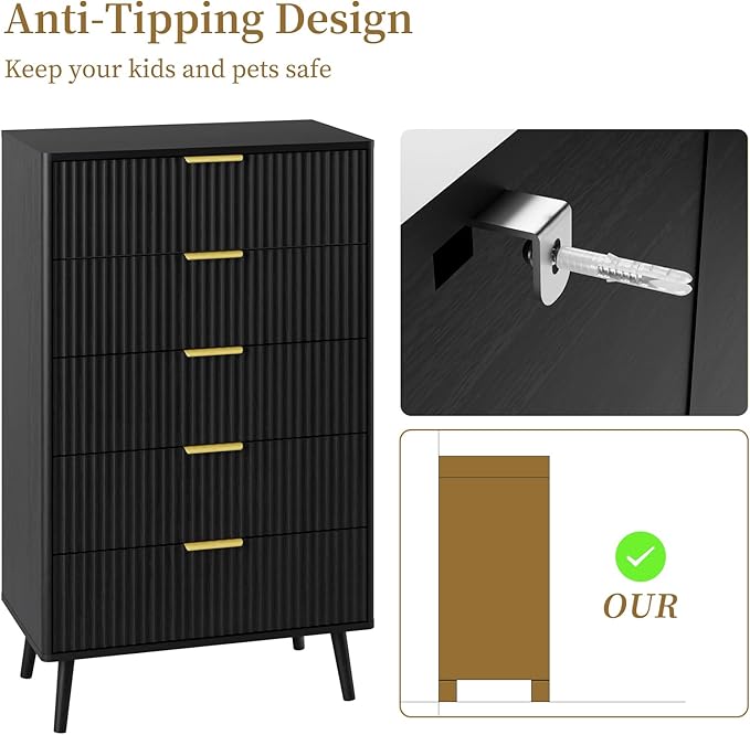 LYNSOM Fluted 5 Drawers Dresser, 45" Tall Modern Chest of Drawers with Curved Profile Design and Metal Handle, Wood Drawer Organizer for Bedroom, Living Room, Hallway, Entryway, Black