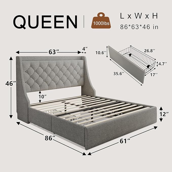 Queen Bed Frame with 4 Storage Drawers, Upholstered Bed Frame with Large Wingback Headboard, Charging Station, No Box Spring Needed, Light Grey