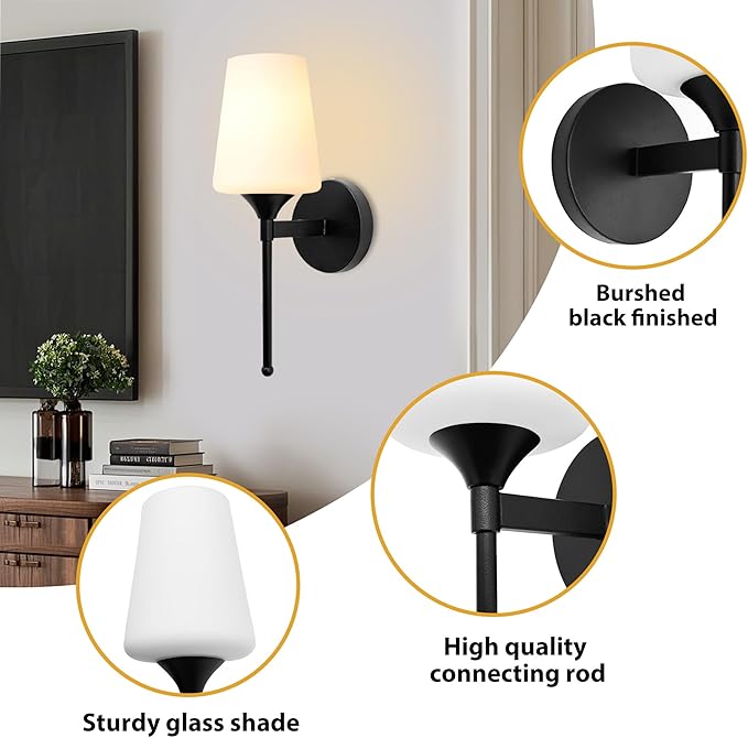 New Bathroom Vanity Light Fixtures 3 Lights Brushed Black Glass Shade Modern Wall Bar Sconce Over Mirror (Brushed Black, 1T 2Pack)