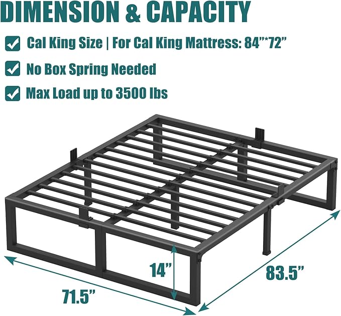 California King Bed Frame, 14 Inch High 3500 lbs Metal Platform, Mattress Foundation with Steel Slat Support/No Box Spring Needed/Noise Free/Non-Slip/Easy Assembly