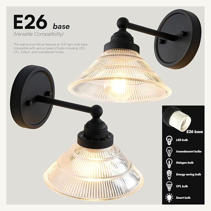 Vintage Wall Sconce 1-Light with Clear Ribbed Glass Shade, Industrial Hardwired Wall Light Fixture for Bedside Living Room Vanity Bathroom Hallway