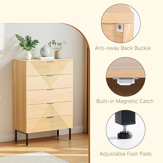 5 Drawer Dresser for Bedroom Set of 2, Fluted Tall Dresser for Closet, Wooden Chest of Drawers for Living Room, Hallway (2, White Oak)