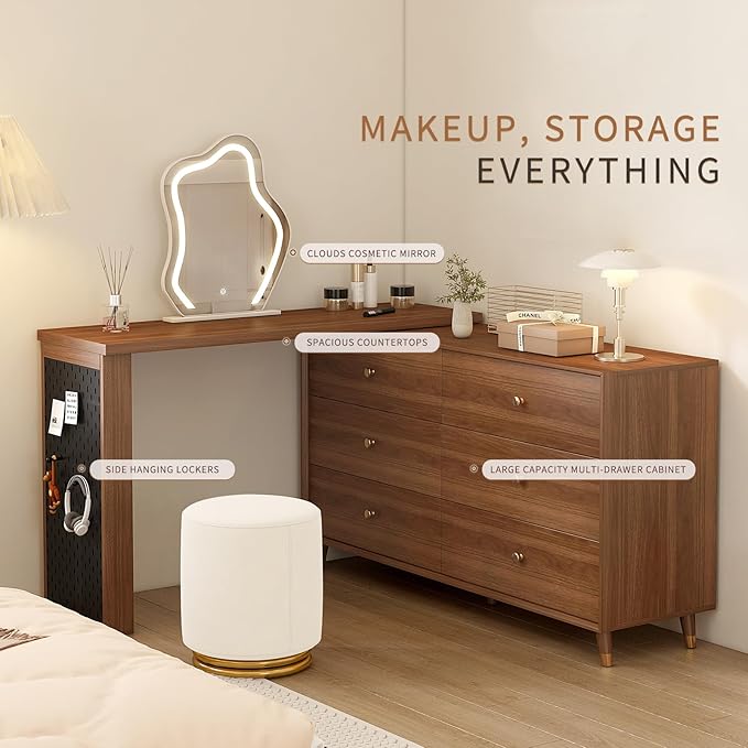 Vanity Desk with Mirror and Lights for Bedroom Furniture, Makeup Table and Chair Stool Set for Girls' Vanities,Dressing Table with A 6-Drawer Dresser and 3 Color Lighting Modes