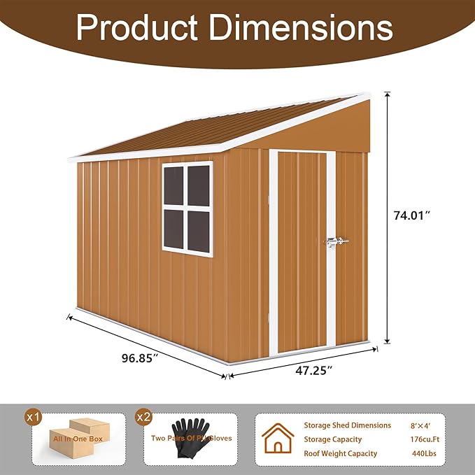 8x4 FT Outdoor Storage Shed, Metal Tool Storage with Updated Frame Structure, Vertical Outside Storage Building, Ventilation, Sloped Roof, Metal Garden Shed for Backyard, Lawn, Patio (8x4 FT)