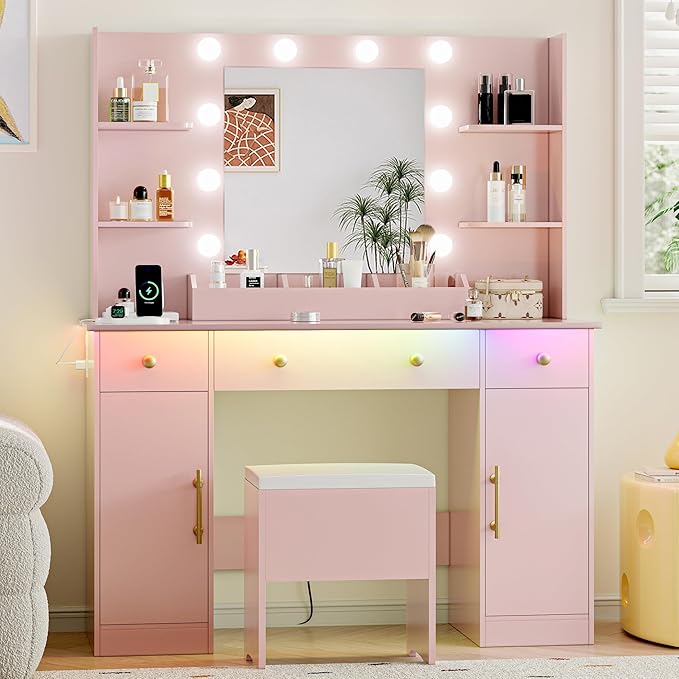 Vanity Desk with Mirror and Lights, Makeup Dressing Table Set with Storage Drawers & Stool, Power Outlet, 3 Lighting Modes Adjustable Brightness & RGB Ambient Light for Women Girls Bedroom, Pink