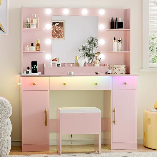 Vanity Desk with Mirror and Lights, Makeup Dressing Table Set with Storage Drawers & Stool, Power Outlet, 3 Lighting Modes Adjustable Brightness & RGB Ambient Light for Women Girls Bedroom, Pink