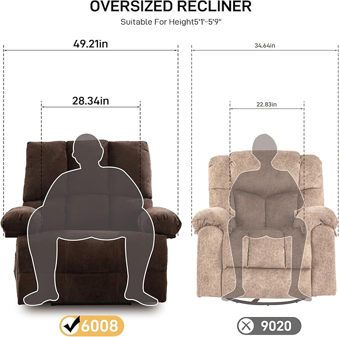 Oversized Recliner Chair Extra Wide Large Recliner for Adults 350lbs with Lumbar Support Pillow Nursery Chair Living Room (Manual, BROWN-6008)