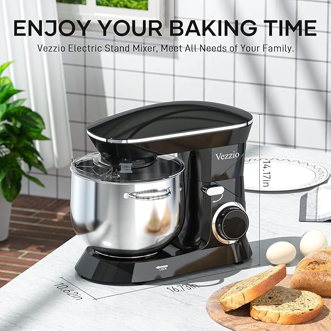 9.5 Qt Stand Mixer, 10-Speed Tilt-Head Food Mixer, Vezzio 660W Kitchen Electric Mixer with Stainless Steel Bowl, Dishwasher-Safe Attachments for Most Home Cooks(Black)