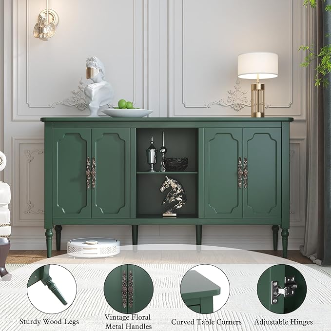 Vintage Buffet Sideboard Cabinet with 4 Doors, 59" Mid Century Modern Storage Cabinet with Shelf, Decorative Accent Credenza TV Stand (Green)