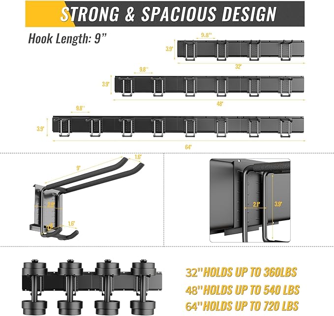 Garage Tool Rack Wall Mount – 64 inches Heavy-Duty Garden Tool Holder with 8 Adjustable Hanging Hooks – Garage Wall Storage Organizer for Shovel, Rake – Max Load 720 lbs (64 inch)