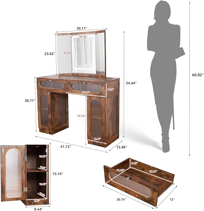 Vanity Desk with Tri-Fold Mirror and Lights, LED Makeup Vanity with 2 Drawers, 2 Doors Storage, Gifts for Girls/Women (Rustic)