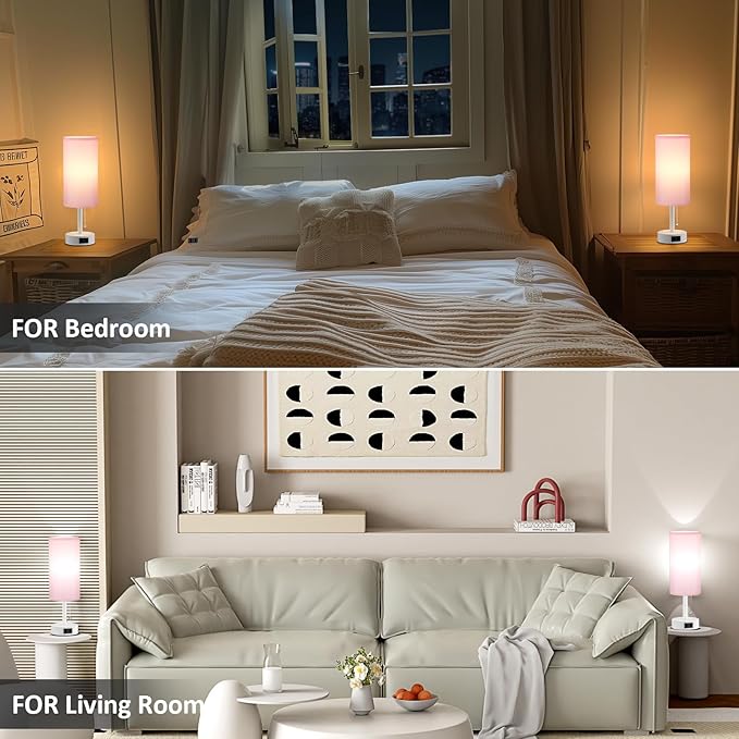 Pink Bedside Table Lamps Set of 2-3 Color Temperatures Pull Chain Lamp with AC Outlet Charging Port, Round Night Stand Lamps for Bedroom Office, Special for Girls