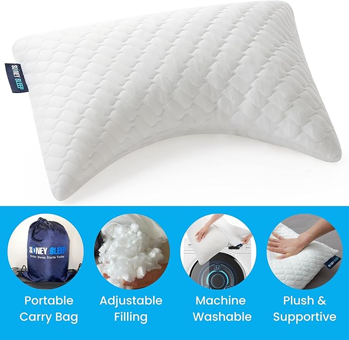 Sidney Sleep Set of 2 Mini Travel Size Neck Pillows - Knee Pillow - Back Lumbar Support - Curved Bed Pillow - 14 x 19 Inches - Adjustable Loft - Carry Backpack Included (White 2 Pack Mini)