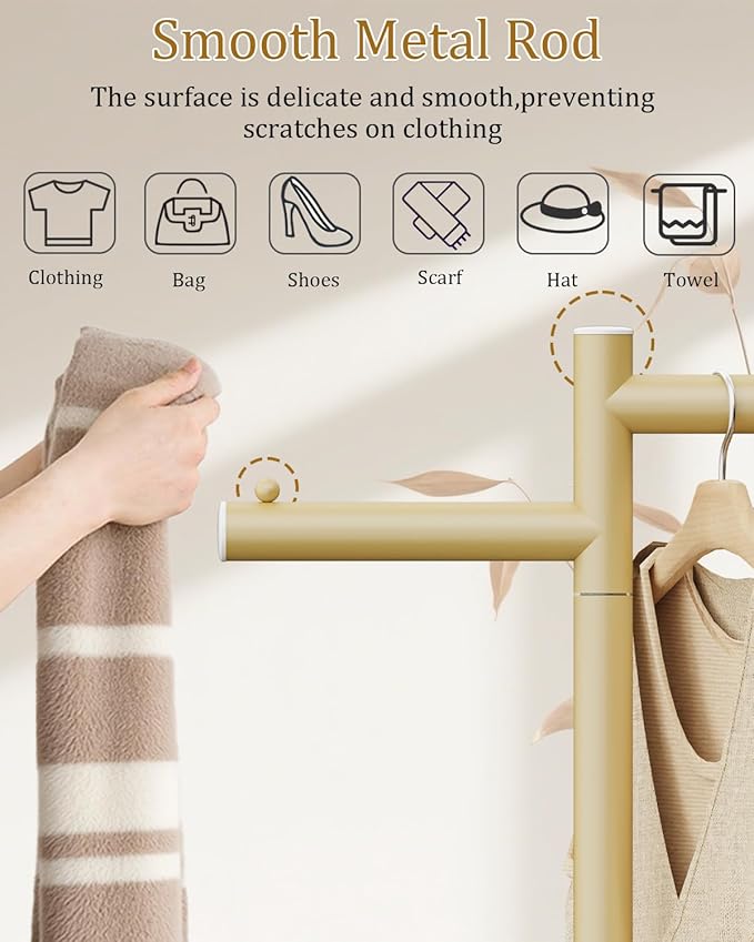 Free-standing Metal Coat Racks, Modern Garment Rack, Z-shaped Coat Tree with Natural Rock Base, for Bedroom, Office, Hallway, Entryway, Living Room, 68.9in, Gold