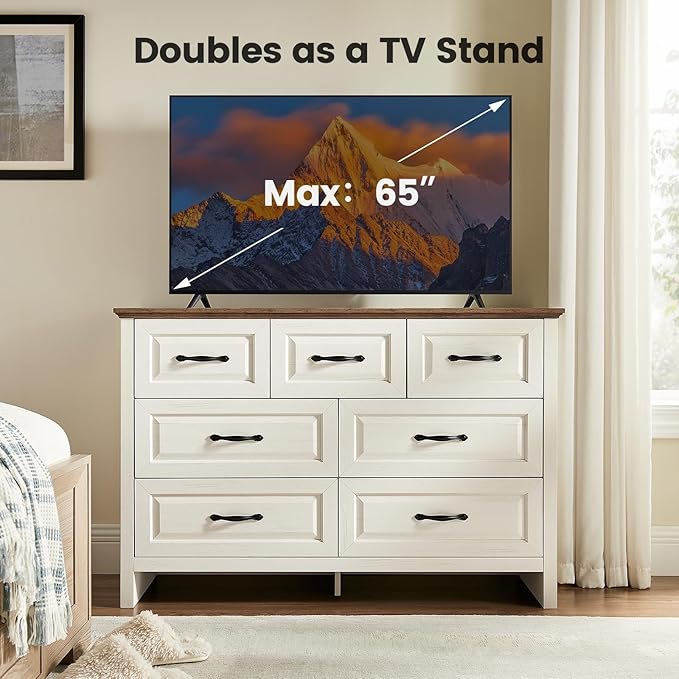 Amada Farmhouse 7 Drawer Dresser for Bedroom, 47.2 Inch Wide Wood Dresser with Natural Texture, Large Drawers, Rustic Farmhouse Chest of Drawers for Bedroom, Living Room, Hallway, Brown & White