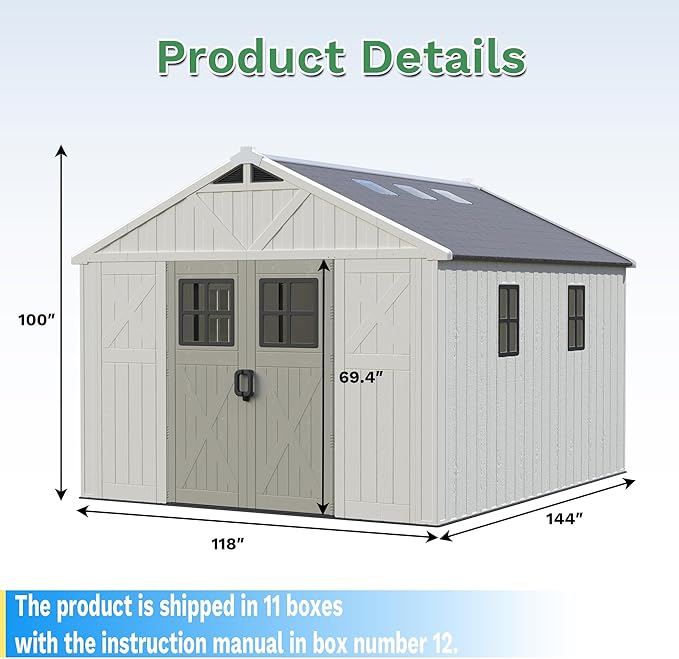 Greesum 10×12 FT Plastic Outdoor Storage Shed with Floor and Lockable Door, Resin Sheds with Windows and Skylights, Weather Resistant Organization for Garden, Lawn, Pool Supplies, Beige