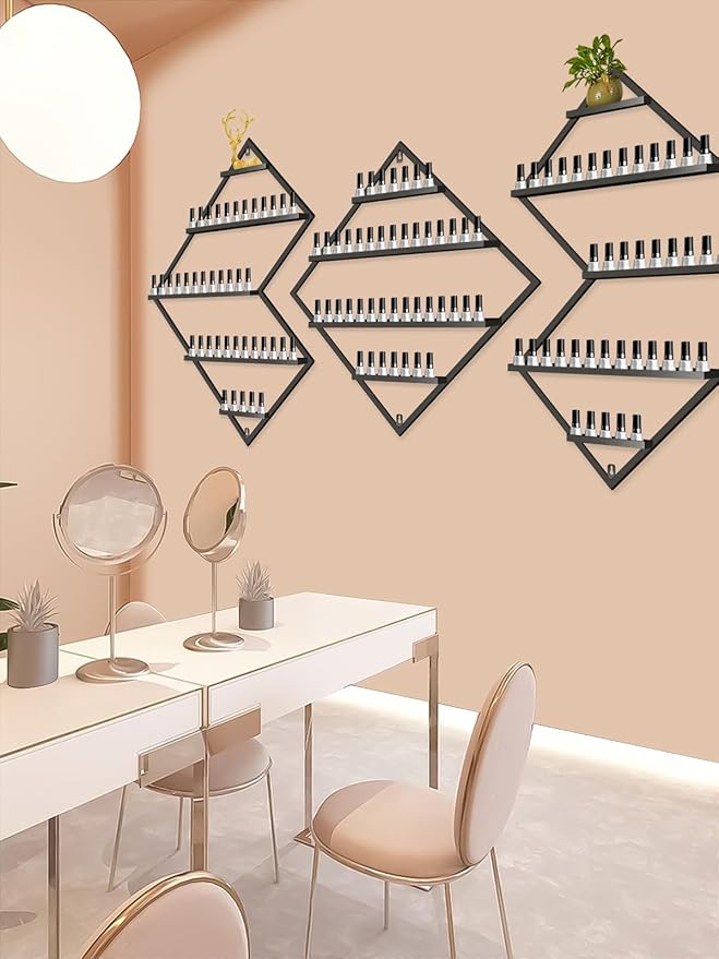 EBANKU Metal Wall Mounted Nail Polish Storage Racks, Black Display Rack Cosmetic Display Case Lipstick Wall Shelf Essential Oil Organizer for Bottles Spa Nail Salon (Irregular Rhomboid)