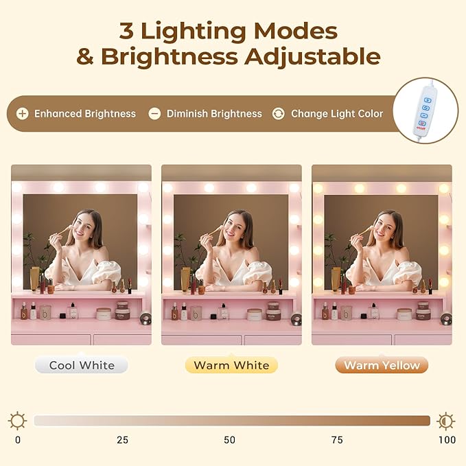 Tiptiper Makeup Vanity Desk with Mirror and Lights & Charging Station, White Vanity Table with 5 Storage Drawer & Glass Door & 3 Shelves for Bedroom,Pink