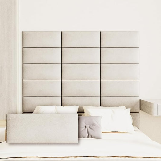 Upholstered Wall Mounted Headboard, 3D Soundproof Wall Panels Peel and Stick Headboard for Queen Size, Headboard for Adjustable Bed, Tufted Headboard, Ivory White(9 Panels, 10" x 24")