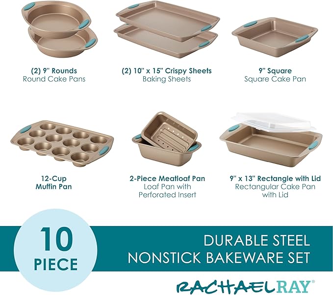 Rachael Ray 47578 Cucina Nonstick Bakeware Set with Grips Includes Nonstick Bread Pan, Baking Sheet, Cookie Sheet, Baking Pans, Cake Pan and Muffin Pan - 10 Piece, Latte Brown with Agave Blue Grips