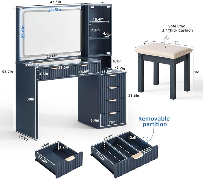 LEYAOYAO Fluted Makeup Vanity Desk with Mirror and Lights, 43.5'' Blue Vanity Table with Glass Top and Power Outlet, Make Up Vanity with 6 Drawers and Adjustable Shelves for Bedroom