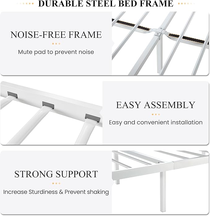 SHA CERLIN Queen Size Bed Frame with Headboard,Metal Bed Frame with Butterfly Pattern Design Headboard & Footboard,No Box Spring Needed,Easy Assembly,White