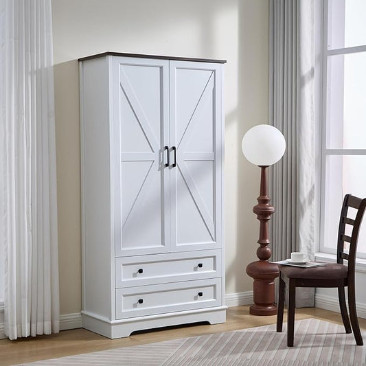 SOOWERY Dresser for Bedroom, Farmhouse Dresser with 2 Wooden Drawers and Storage Cabinets, 71 Inches Tall Chest of Drawers for Bedroom, Living Room, Hallway, White