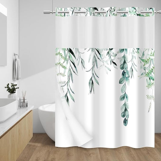 No Hook Shower Curtain with Snap in Liner - Fabric Waterproof Inner Liner, Plants Watercolor Green Eucalyptus Leaves Farmhouse Cloth Shower Curtains - Machine Washable, 71 x 74 Inch