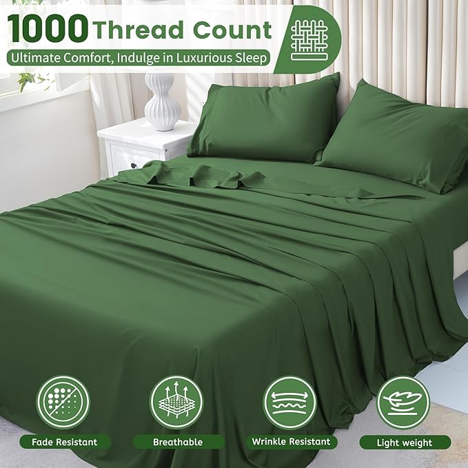 Bedlifes 1000 Thread Count 100% Egyptian Cotton King Size Sheets Set - Sateen Soft Silky Breathable Luxury Cooling 4 Pieces (Forest Green)