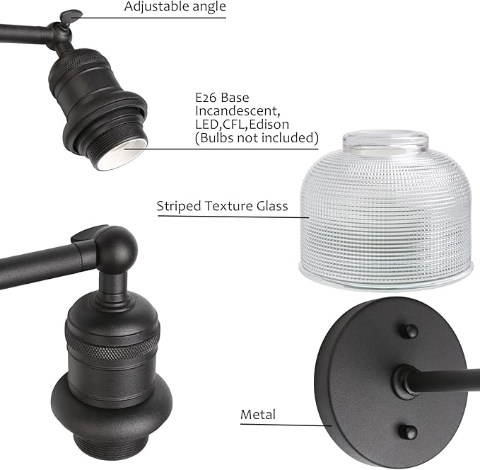 Yosoan Boho Indoor Vintage Wall Sconce with Striped Bowl Shade, 1-Light Modern Vanity Industrial Single Wall Mounted Hardwired Texture Glass Shade for Living Room Bedroom Fireplace Hallway(Black)