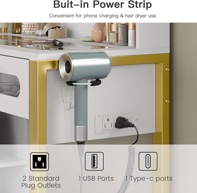 Vanity Desk with Mirror and Lights, 43" Big Modern Vanity Desk, Transparent Top Vanity with 2 RGB Drawers, with Power Outlet & Stool, Modern Ample Storage Dressing Table, White