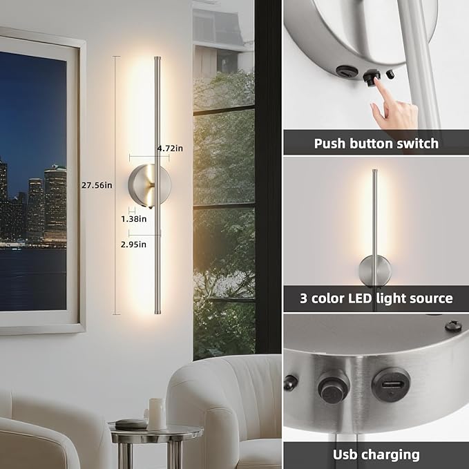Battery Operated Wall Sconce Set of 2, Brushed Nickel 27.5" LED USB Rechargeable dimmable Wall Sconce with Remote Control, Rotate 350° for Living Room, Bedroom, Hallway and scones Lighting